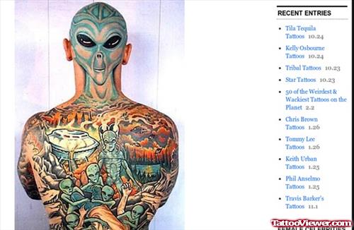 Geek Alien Tattoo On Back Body