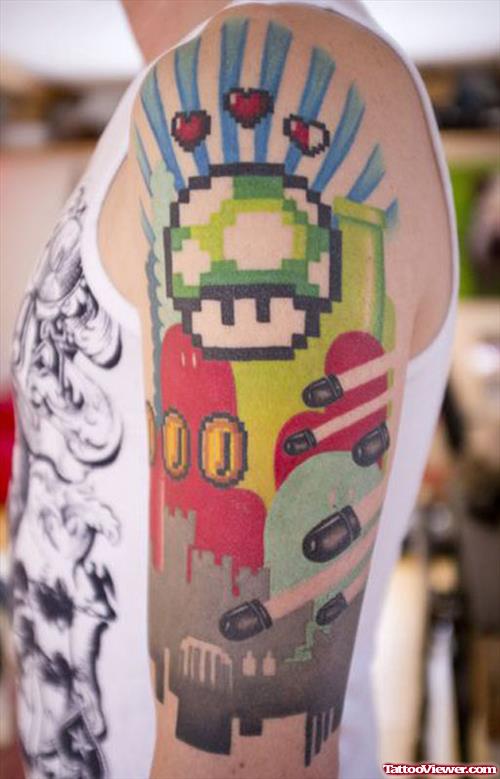 Colored Geek Tattoo On Left Half Sleeve
