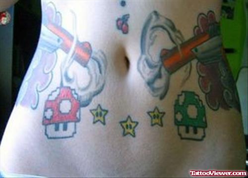 Blowing Pistols And Geek Tattoos On Belly