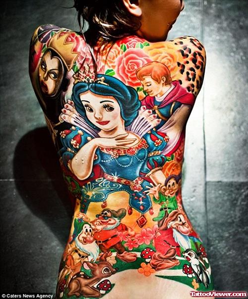 Awesome Colored Geek Tattoo On Back Body For Girls