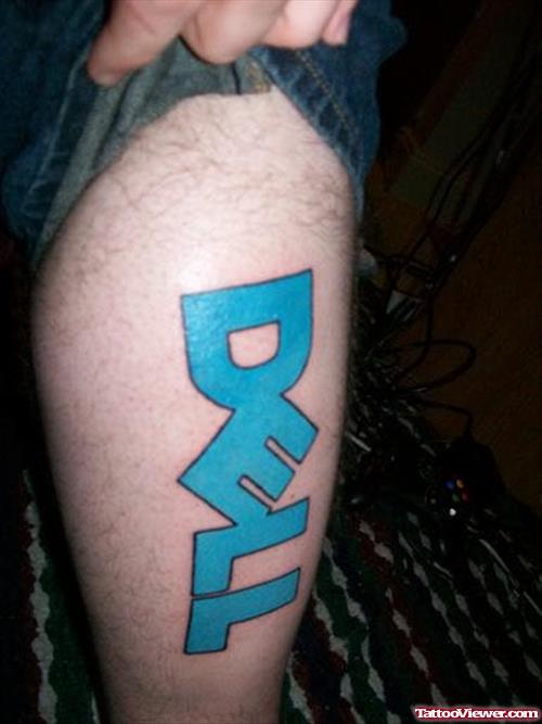 Awesome Blue Ink Dell Geek Tattoo On Leg