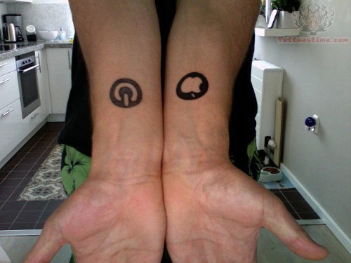 Power Button And Apple Logo Geek Tattoos On Wrists