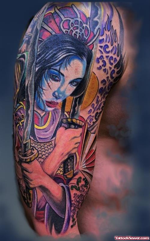 Latest Color Ink Geisha Tattoo On Right Half Sleeve