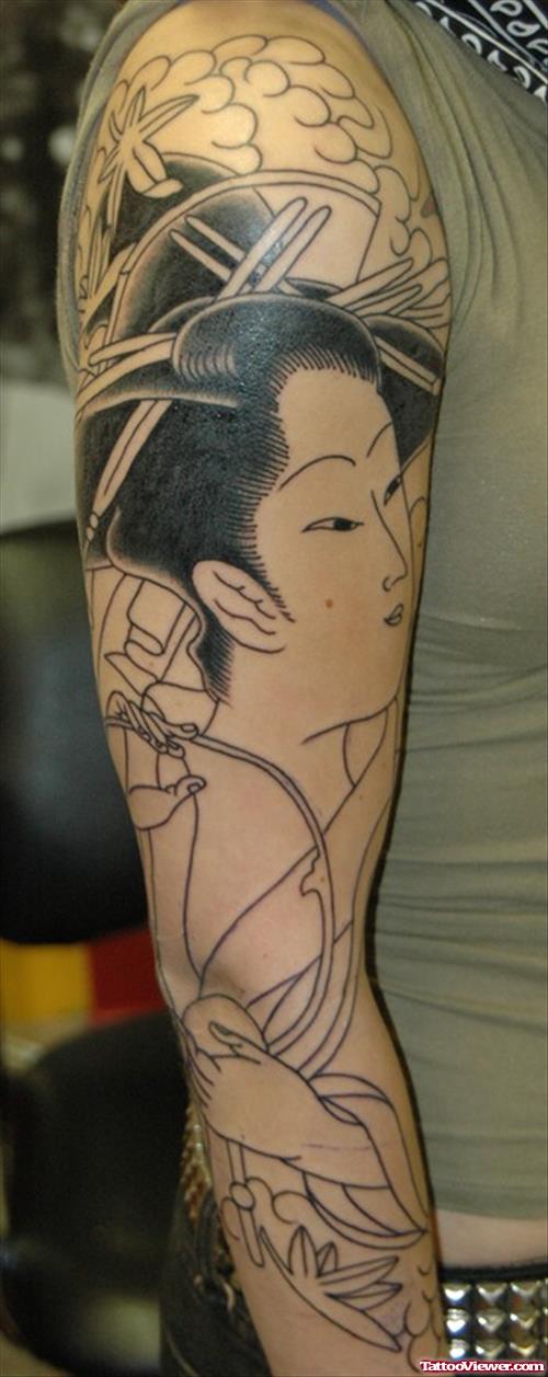 Grey Ink Geisha Tattoo On Man Right Sleeve