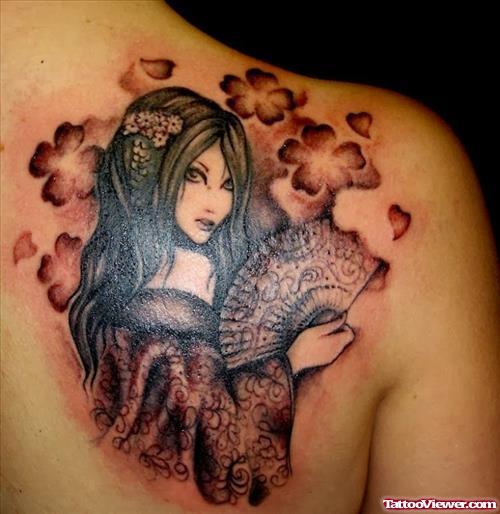 Grey Ink Geisha Girl With Fan Tattoo On BAck Shoulder