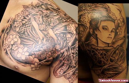 Grey Ink Geisha Dragon Tattoo On Chest