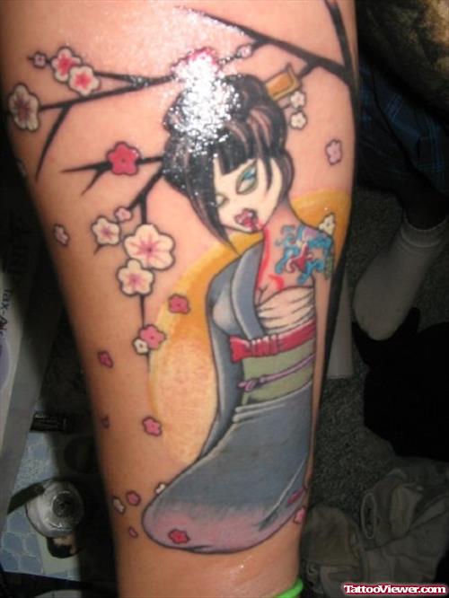 Colored Zombie Geisha Tattoo On Leg