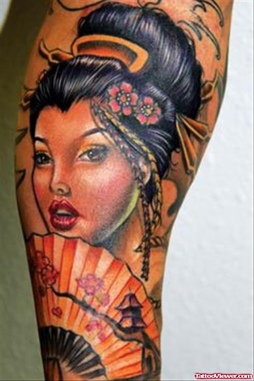 Color Ink Geisha Tattoo On Sleeve
