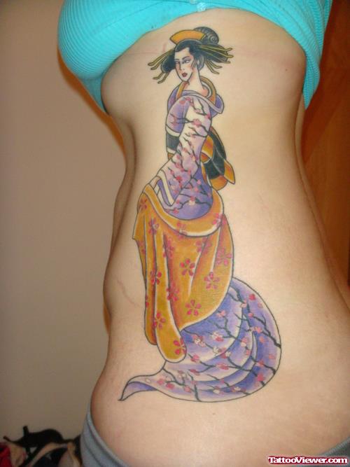 Color Ink Geisha Tattoo On Rib Side