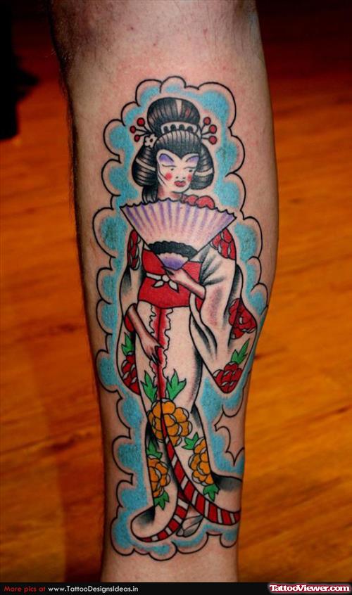 Amazing Colored Geisha Tattoo On Arm