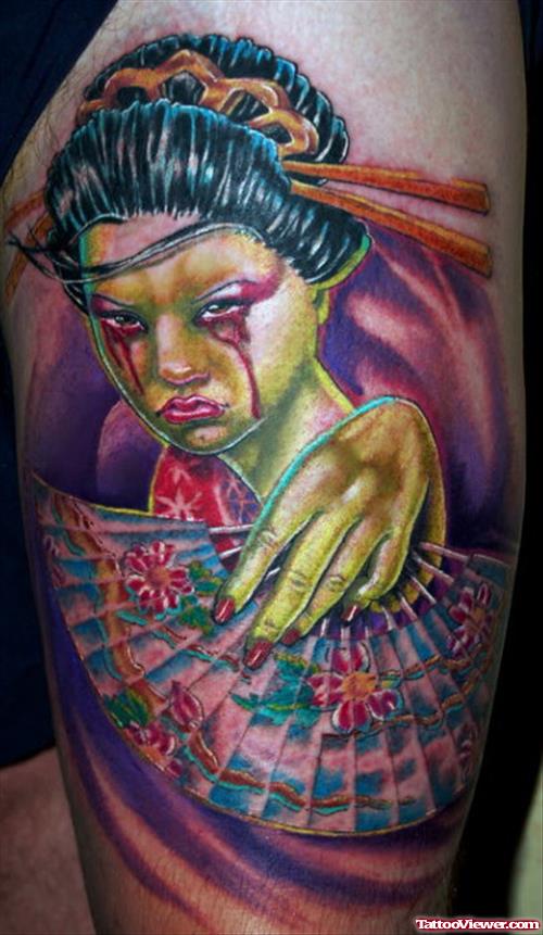 Zombie Color Ink Geisha Tattoo On Left Leg