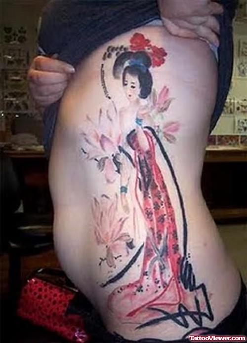 Left Rib Side Color Geisha Tattoo