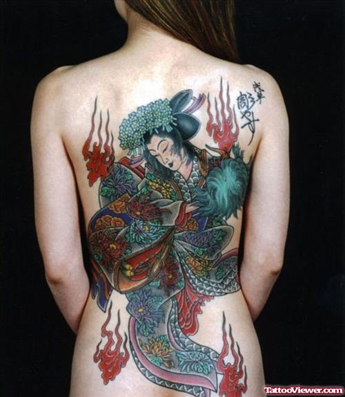 Japanese Geisha And Dragon Tattoo On Back