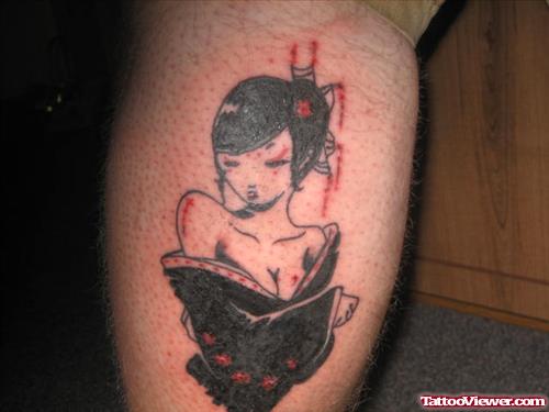 Geisha Girl Tattoo On Back Leg