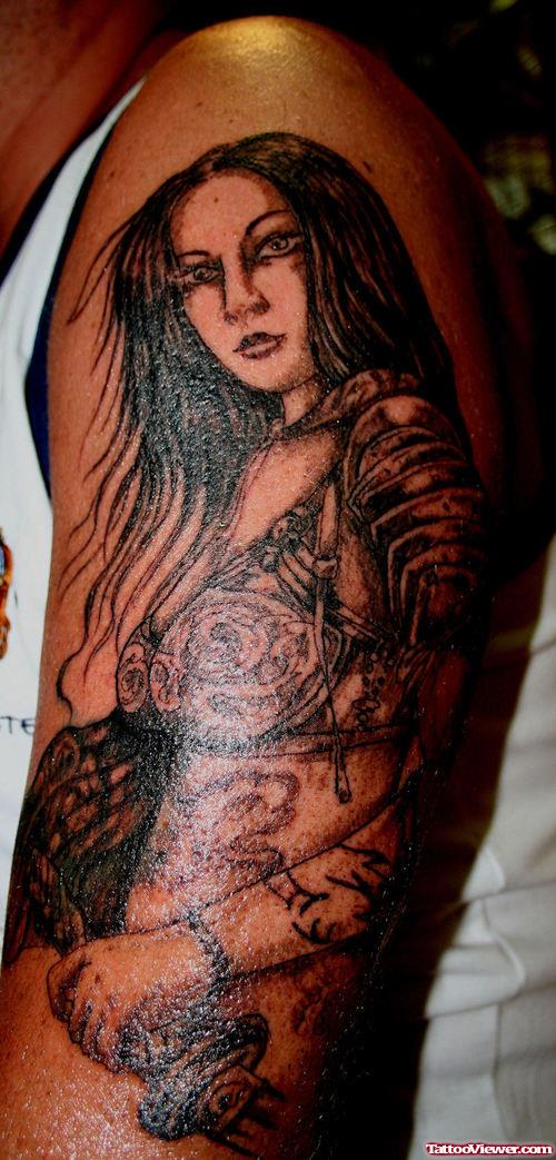 Dark Ink Geisha Tattoo On Left Half Sleeve