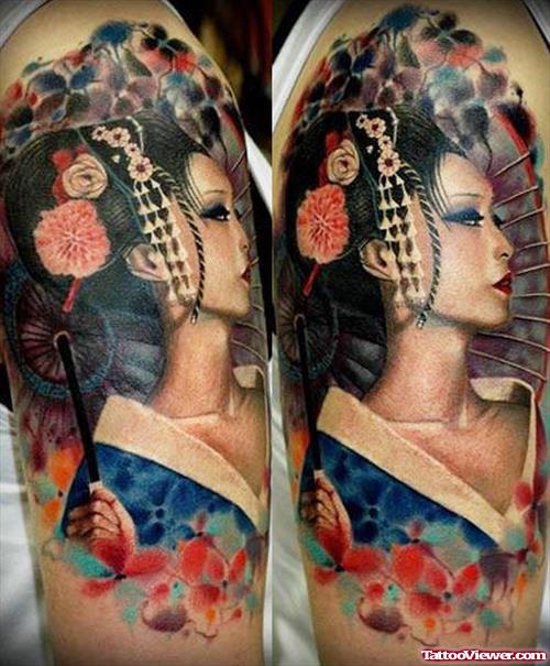 Colored Geisha Tattoo On Sleeve For Men