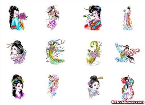 Colored Chinese Geisha Tattoos Designs