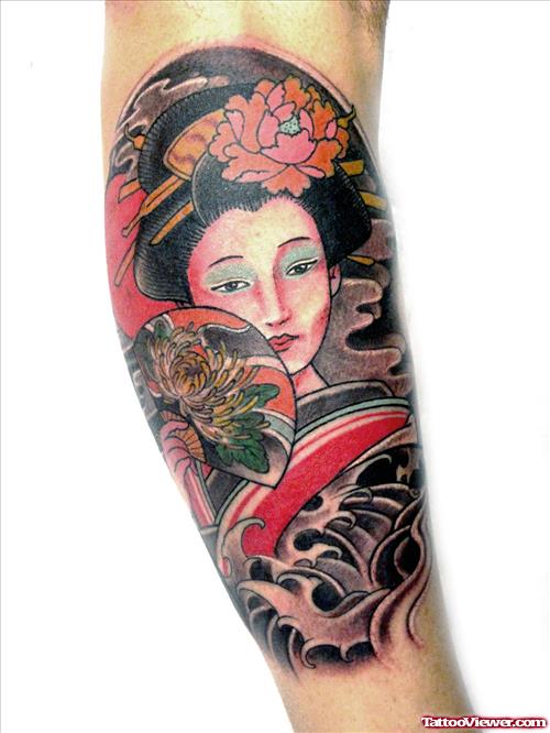 Color Ink Geisha Tattoo On Right Sleeve