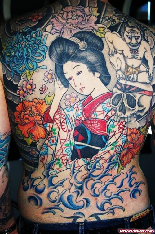 color Ink Back Body Geisha Tattoo