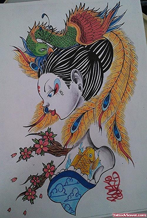 Awesome Color Ink Geisha Tattoo Design