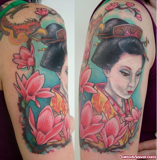 Pink Flowers And Geisha Tattoo
