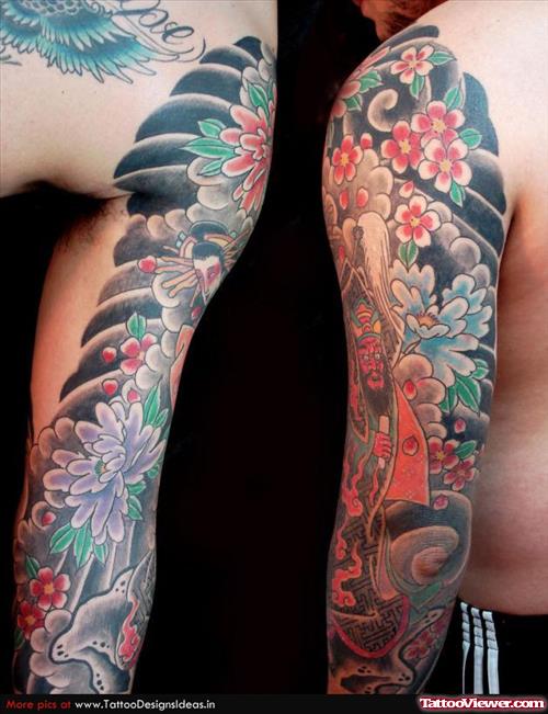 Japanese Flowers And Geisha Tattoo On Sleeve