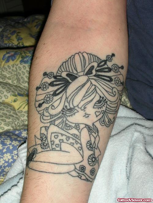 Grey Ink Geisha Tattoo On Right Arm