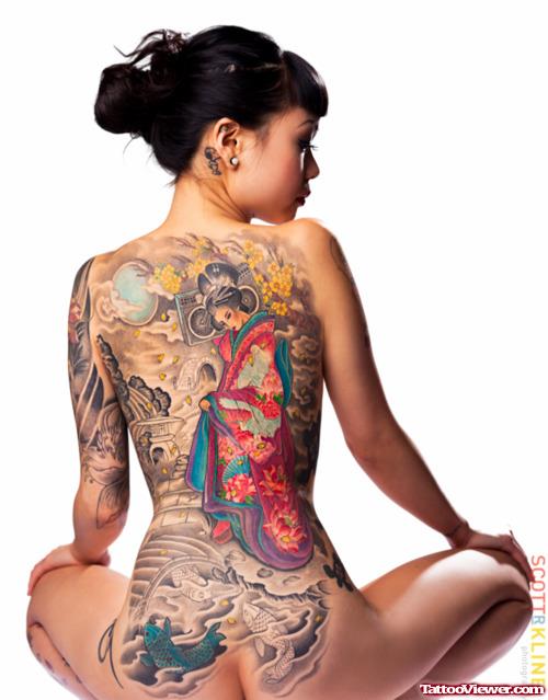 Girl With Geisha Tattoo On Back