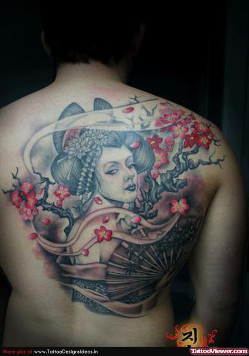 Geisha Tattoo On Right Back Shoulder