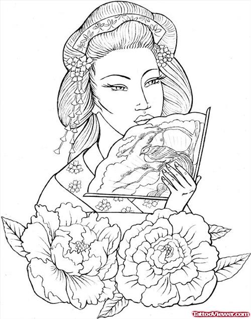Flowers and Geisha Head Tattoo Design