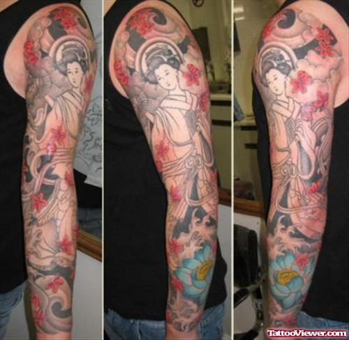 Colored Geisha Tattoo On Man Left Sleeve
