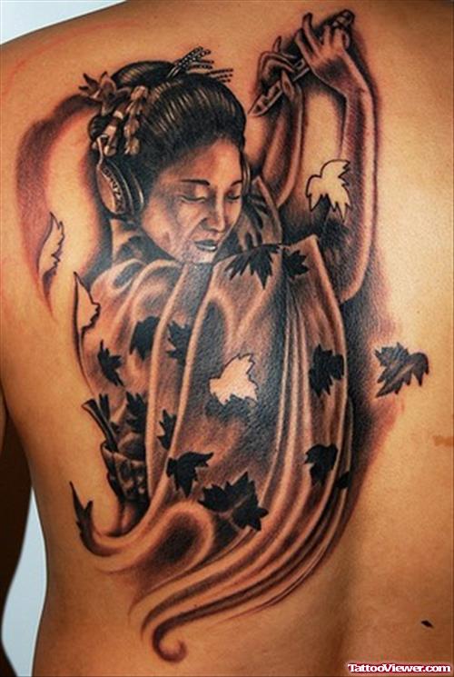 Dark Ink Geisha Tattoo On Back Shoulder