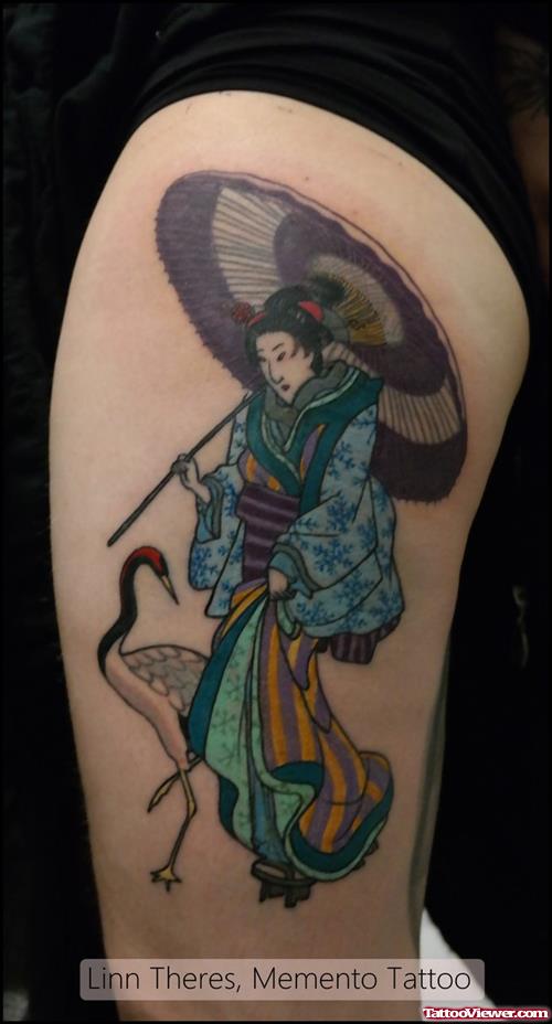 Color Ink Traditional Geisha Tattoo On Sleeve