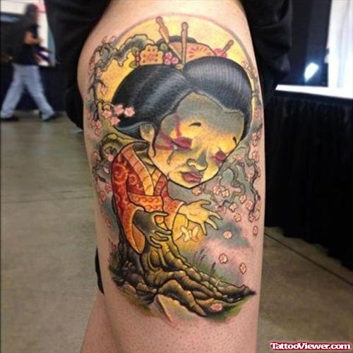 Color Ink Geisha Tattoo On Right Leg