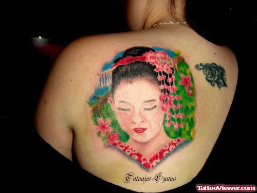 Color Ink Geisha Head Tattoo on Back