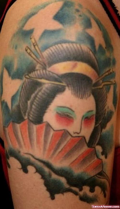 Color Geisha With Fan Tattoo