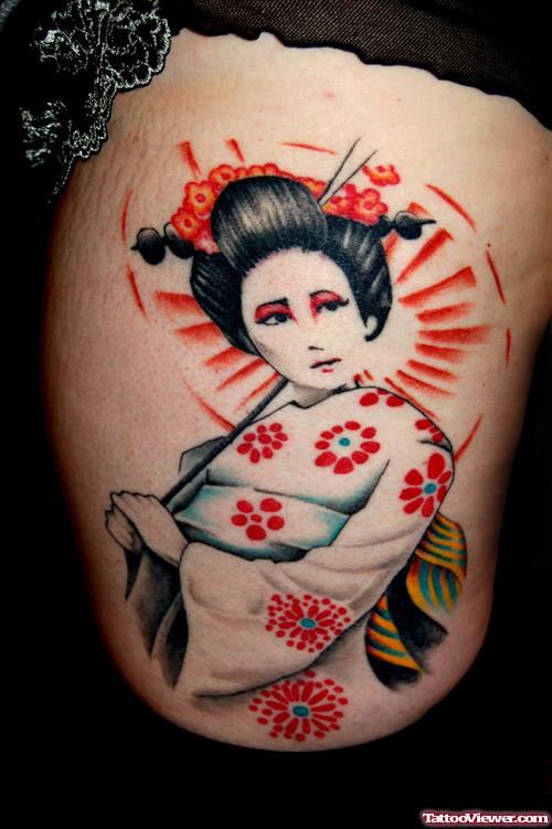 Classic Color Ink Geisha Tattoo On Rib Side