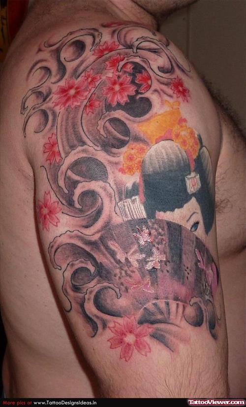 Best Color Ink Geisha Tattoo On Man Right Half Sleeve