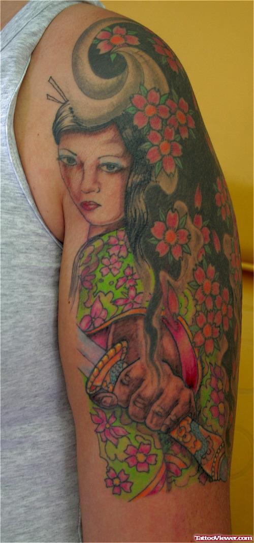 Awesome Color Ink Geisha Tattoo On Left Sleeve