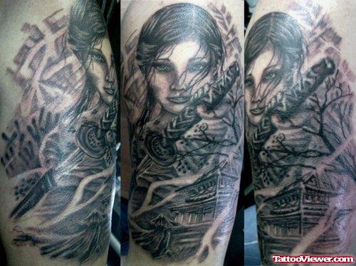 Awesome Grey Ink Geisha Tattoo