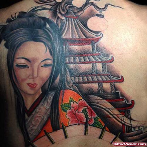 Amazing colored Geisha Tattoo On BAck