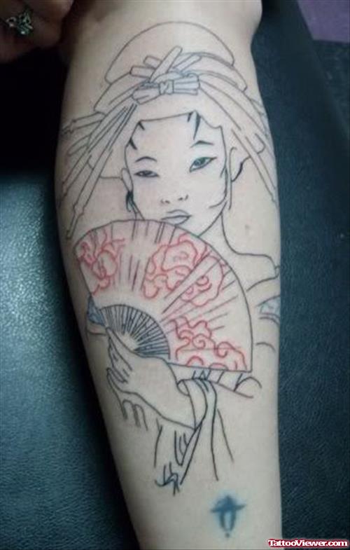 Grey Ink Geisha Girl Tattoo On Leg