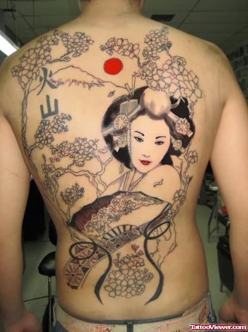 Grey Ink Geisha Tattoo Back