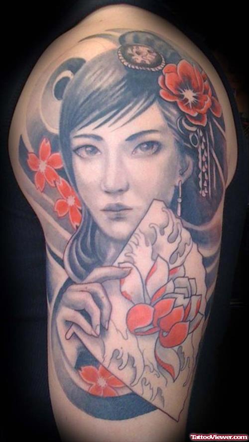 Geisha With Flowers and Fan Tattoo Design