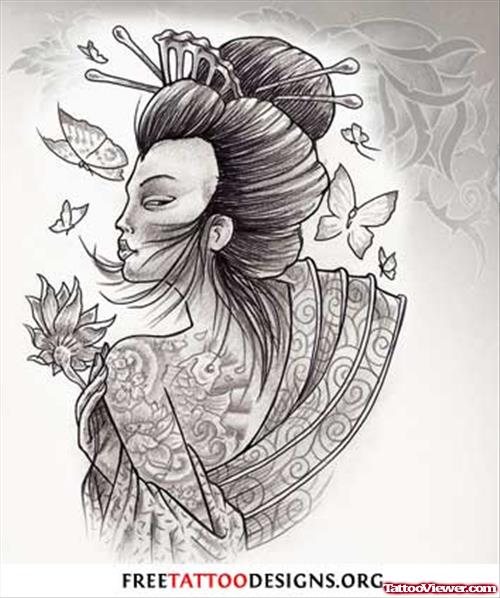Flying Butterfly and Geisha Tattoo Design