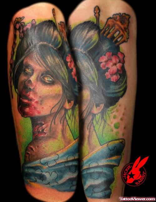 Colored Ink Zombie Geisha Tattoo Design