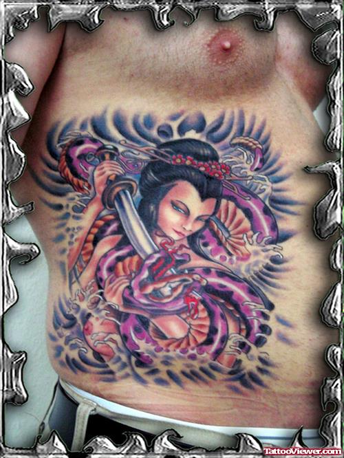 Color Ink Geisha Tattoo On Man Rib Side
