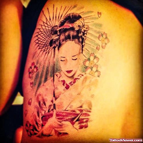 Color Ink Geisha Tattoo On Left Side Rib