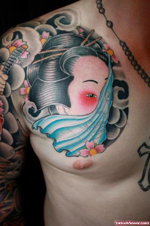 Chest Color Ink Geisha Tattoo