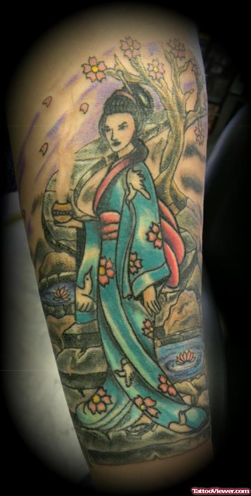 Best Geisha Tattoo On Half Sleeve